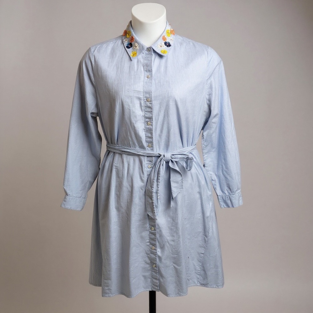 Lord & Taylor Embellished Floral Sequin Collar Light Blue Tie Shirt Dress XL